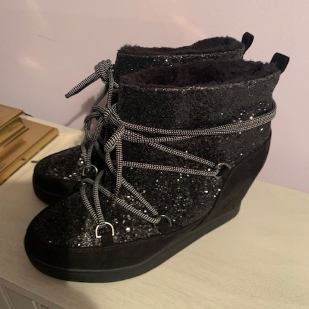 Juicy Couture Black Glitter Lace Faux Fur Winter Ankle Boots Women